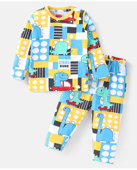 Babyhug Cotton Knit Full Sleeves Night Suit With Dino Print - Yellow