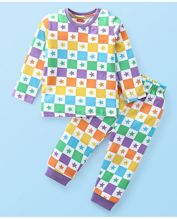 Babyhug Cotton Knit Full Sleeves Night Suit With Construction Vehicles Print - White main image 1