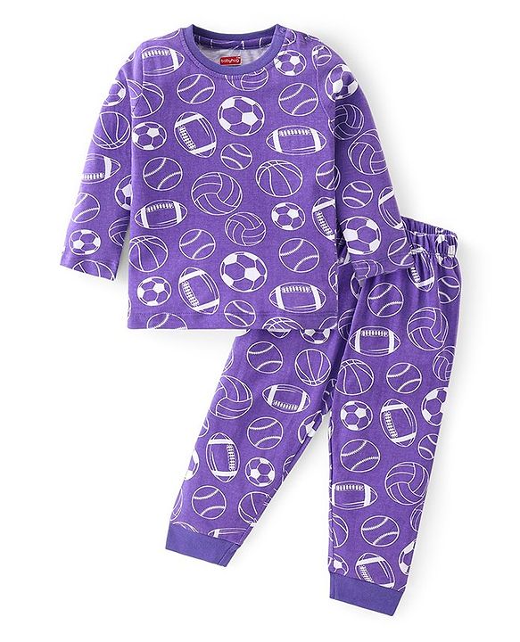 Babyhug Cotton Knit  Full Sleeves Night Suit with Football Print - Purple