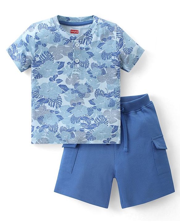 Babyhug Cotton Knit Half Sleeves Henley T-Shirt & Shorts Set With Tropical Print - Blue