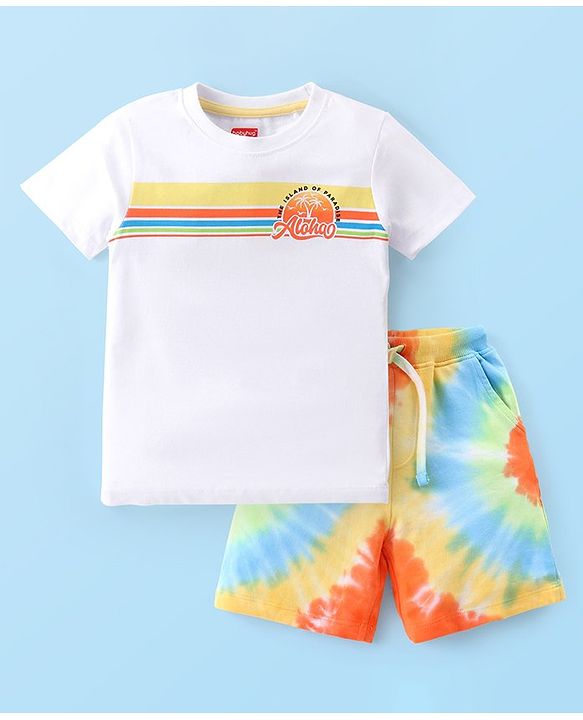 Babyhug Cotton Knit Half Sleeves Striped T-Shirt & Tie-Dye Shorts Set - White