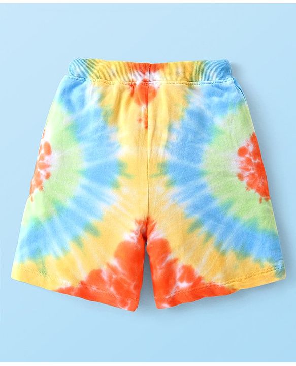 Babyhug Cotton Knit Half Sleeves Striped T-Shirt & Tie-Dye Shorts Set - White