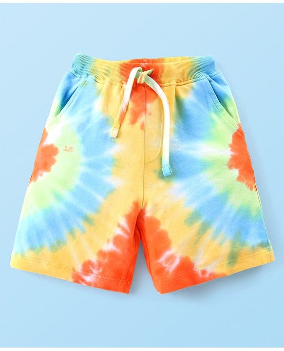 Babyhug Cotton Knit Half Sleeves Striped T-Shirt & Tie-Dye Shorts Set - White