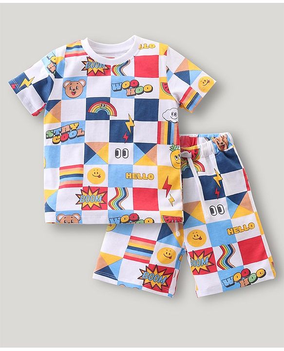 Babyhug Cotton Knit Half Sleeves T-Shirt & Shorts Co-Ord Set With Text & Teddy Print - Off White