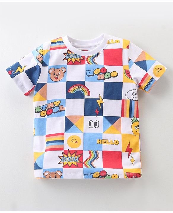 Babyhug Cotton Knit Half Sleeves T-Shirt & Shorts Co-Ord Set With Text & Teddy Print - Off White