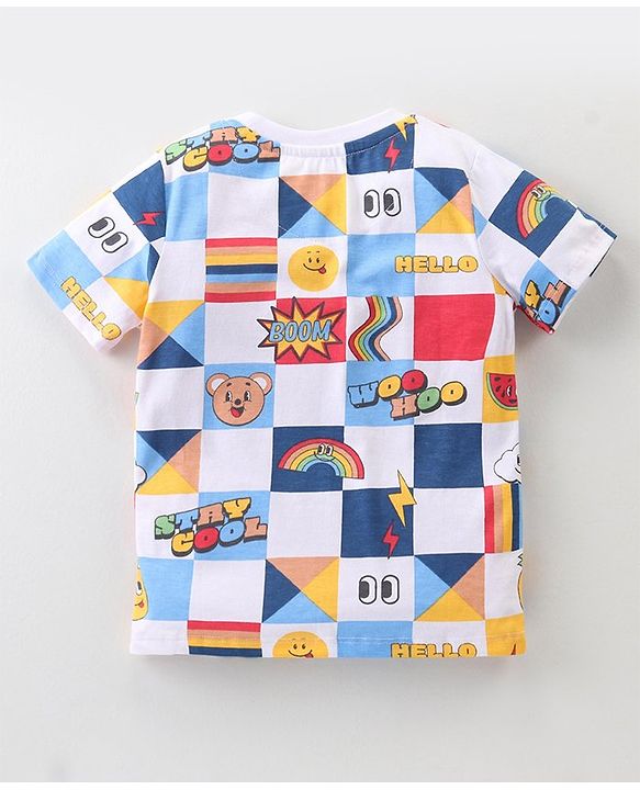 Babyhug Cotton Knit Half Sleeves T-Shirt & Shorts Co-Ord Set With Text & Teddy Print - Off White