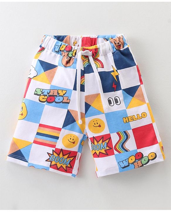 Babyhug Cotton Knit Half Sleeves T-Shirt & Shorts Co-Ord Set With Text & Teddy Print - Off White