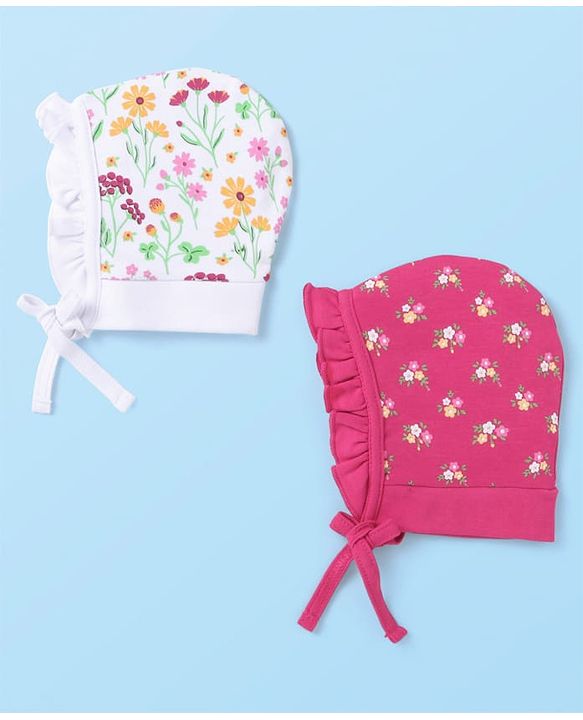Babyhug Cotton Knit Floral Printed Caps Pack of 2 - Dark Pink and White