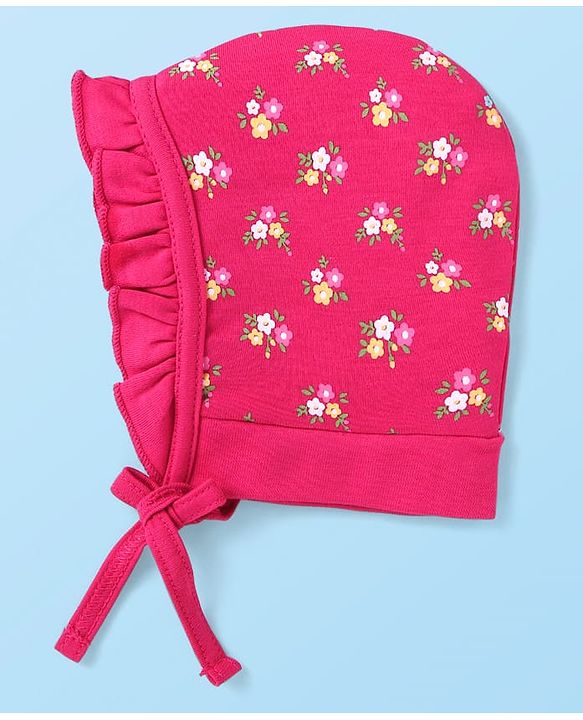Babyhug Cotton Knit Floral Printed Caps Pack of 2 - Dark Pink and White