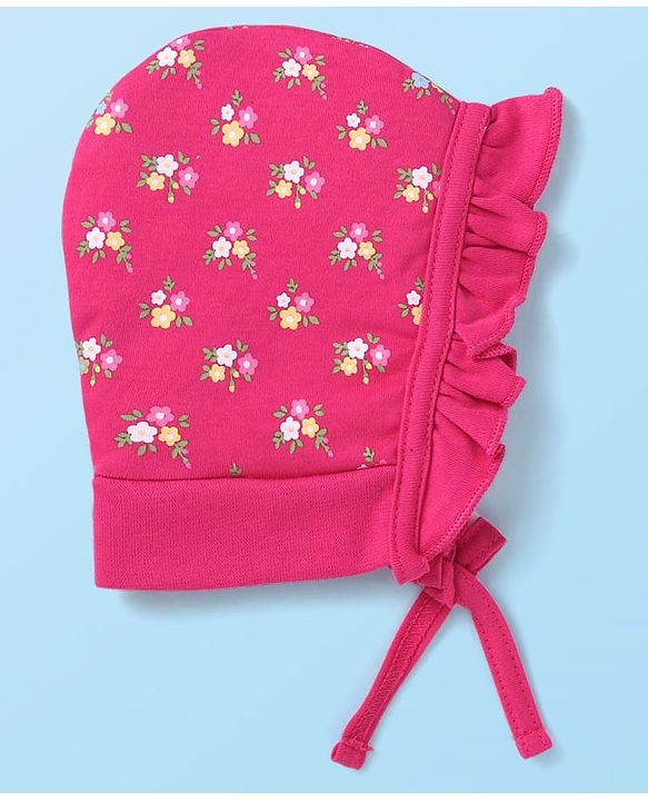 Babyhug Cotton Knit Floral Printed Caps Pack of 2 - Dark Pink and White