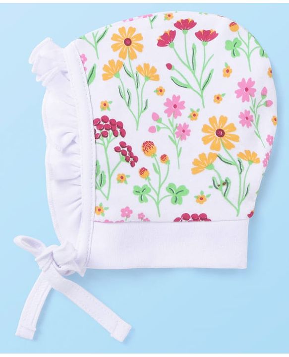 Babyhug Cotton Knit Floral Printed Caps Pack of 2 - Dark Pink and White