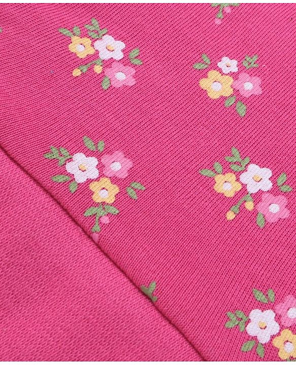 Babyhug Cotton Knit Floral Printed Caps Pack of 2 - Dark Pink and White