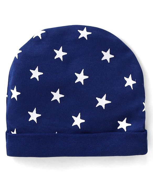 Babyhug 100% Cotton Interlock Knit Cap Mitten & Booties with Star Print - Navy Blue