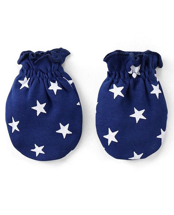 Babyhug 100% Cotton Interlock Knit Cap Mitten & Booties with Star Print - Navy Blue