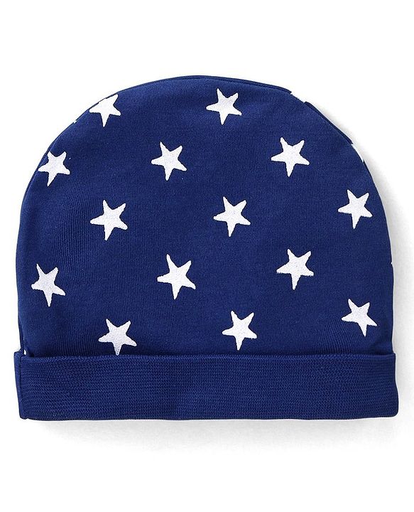 Babyhug 100% Cotton Interlock Knit Cap Mitten & Booties with Star Print - Navy Blue