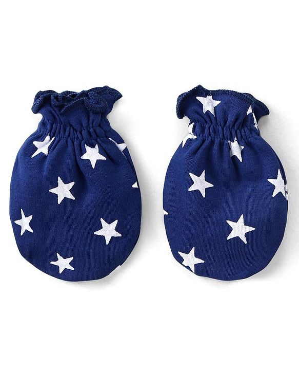 Babyhug 100% Cotton Interlock Knit Cap Mitten & Booties with Star Print - Navy Blue