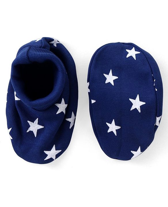 Babyhug 100% Cotton Interlock Knit Cap Mitten & Booties with Star Print - Navy Blue