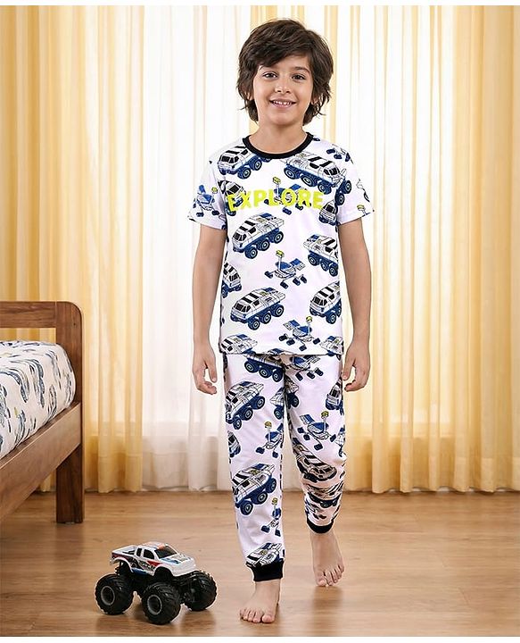 Pine Kids Single Jersey Knit Half Sleeves Night Suit Car Print - White & Navy