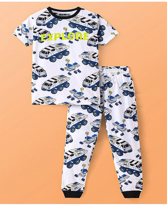 Pine Kids Single Jersey Knit Half Sleeves Night Suit Car Print - White & Navy