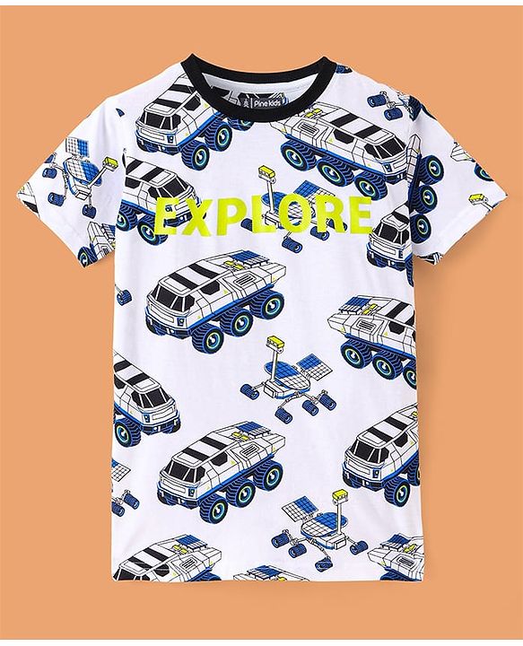 Pine Kids Single Jersey Knit Half Sleeves Night Suit Car Print - White & Navy