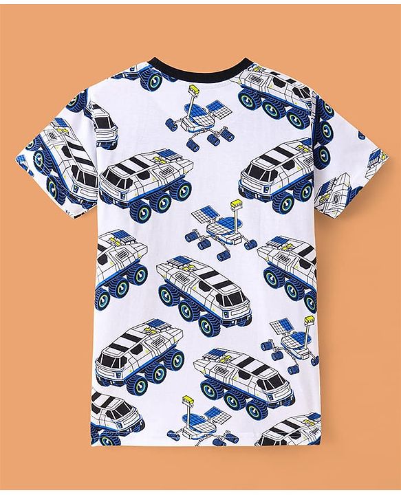 Pine Kids Single Jersey Knit Half Sleeves Night Suit Car Print - White & Navy