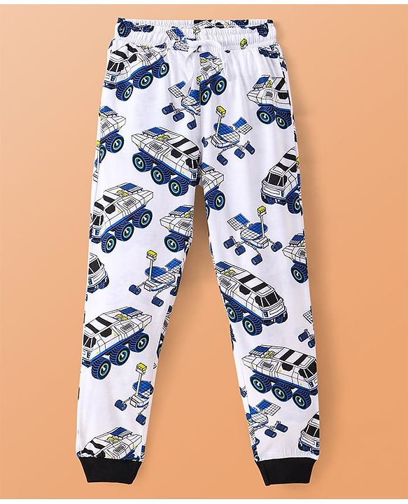 Pine Kids Single Jersey Knit Half Sleeves Night Suit Car Print - White & Navy