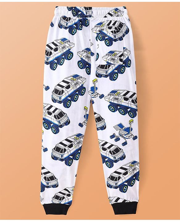 Pine Kids Single Jersey Knit Half Sleeves Night Suit Car Print - White & Navy