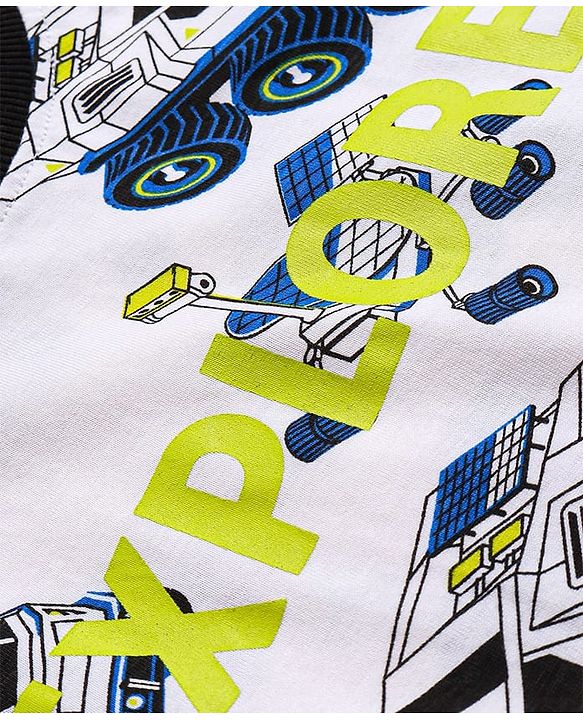 Pine Kids Single Jersey Knit Half Sleeves Night Suit Car Print - White & Navy