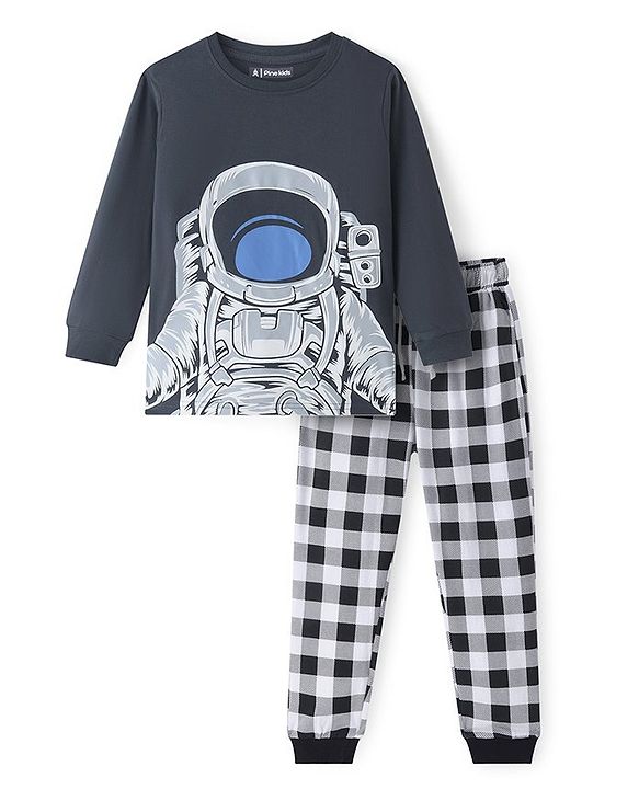 Pine Kids Single Jersey Knit Full Sleeves Night Suit Space Theme Print - Grey & White