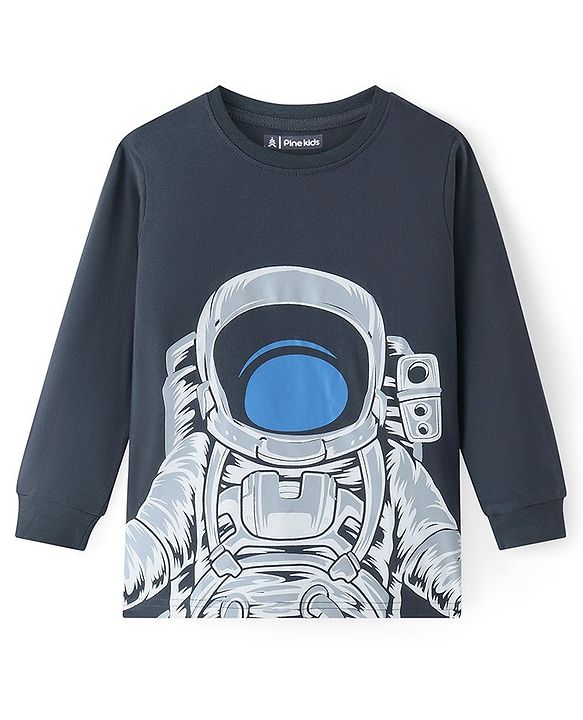 Pine Kids Single Jersey Knit Full Sleeves Night Suit Space Theme Print - Grey & White
