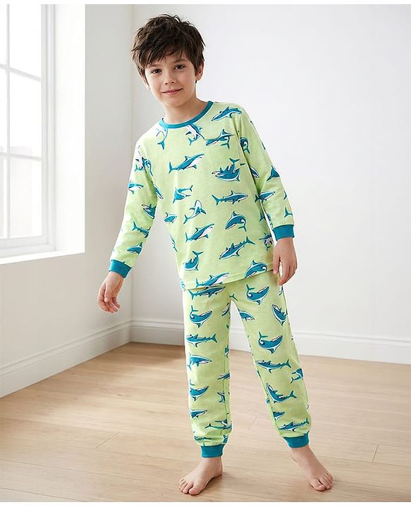 Pine Kids Single Jersey Knit Full Sleeves Night Suit with Whale Print - Light Green