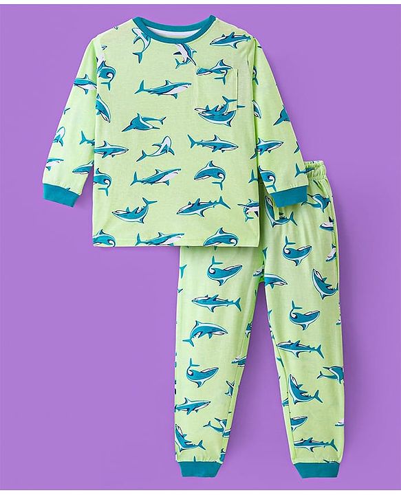 Pine Kids Single Jersey Knit Full Sleeves Night Suit with Whale Print - Light Green