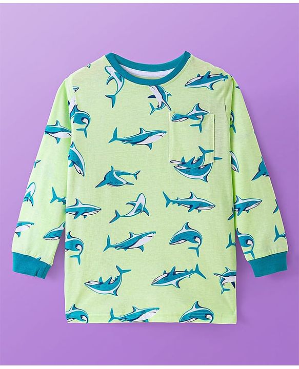 Pine Kids Single Jersey Knit Full Sleeves Night Suit with Whale Print - Light Green