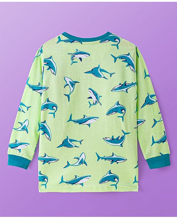 Pine Kids Single Jersey Knit Full Sleeves Night Suit with Whale Print - Light Green