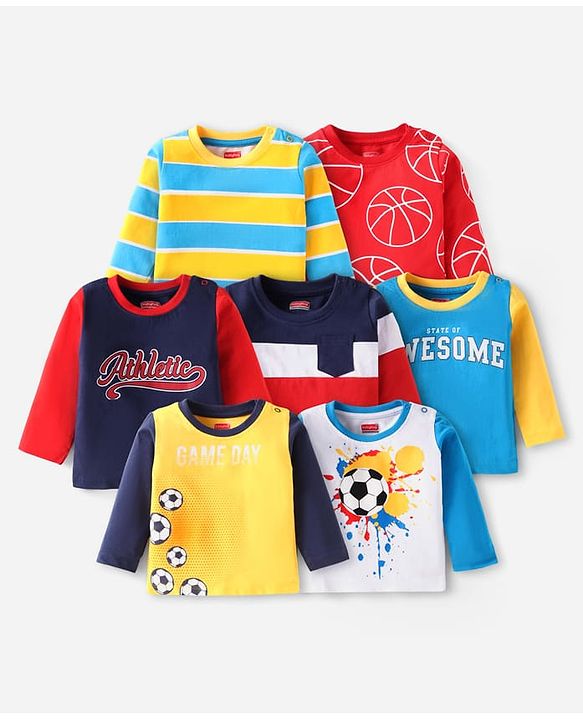 Babyhug Cotton Knit Full Sleeves T-Shirts Text Print & Stripes Pack of 7 - Multicolor