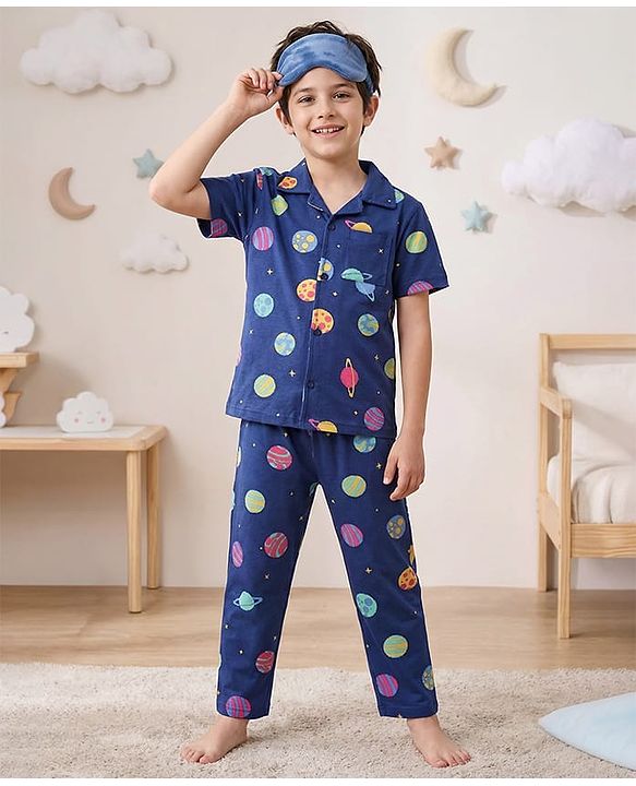 Pine Kids Single Jersey Knit Half Sleeves Front Open Collared Night Suit Space Theme Print -Navy