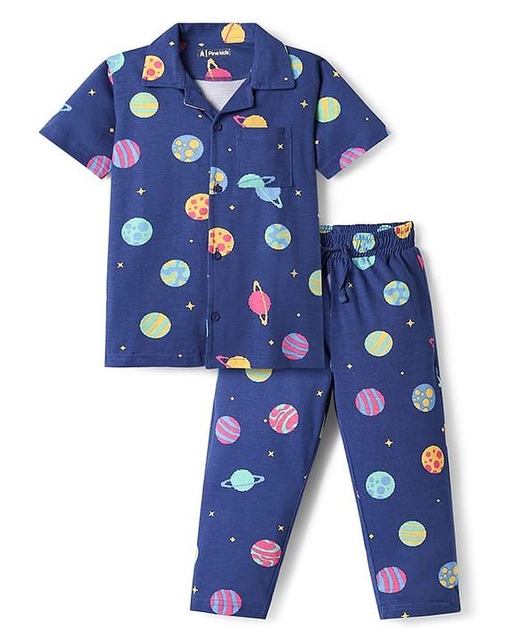 Pine Kids Single Jersey Knit Half Sleeves Front Open Collared Night Suit Space Theme Print -Navy