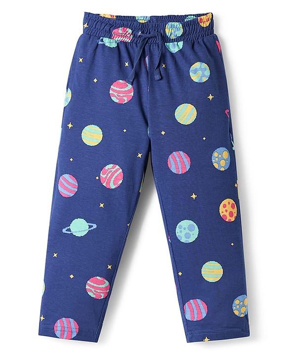 Pine Kids Single Jersey Knit Half Sleeves Front Open Collared Night Suit Space Theme Print -Navy
