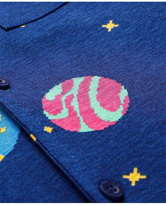 Pine Kids Single Jersey Knit Half Sleeves Front Open Collared Night Suit Space Theme Print -Navy