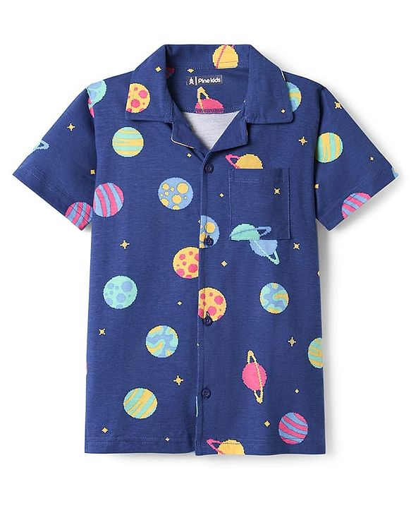 Pine Kids Single Jersey Knit Half Sleeves Front Open Collared Night Suit Space Theme Print -Navy