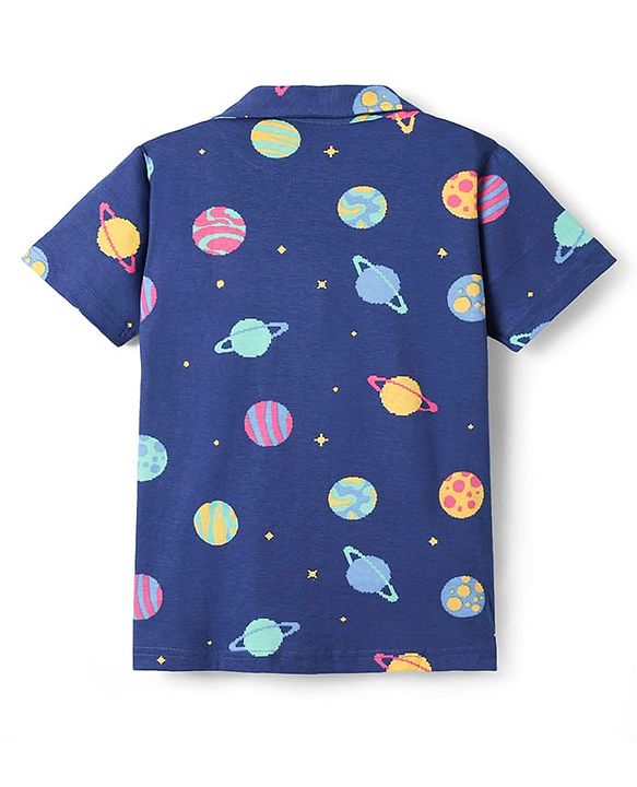 Pine Kids Single Jersey Knit Half Sleeves Front Open Collared Night Suit Space Theme Print -Navy