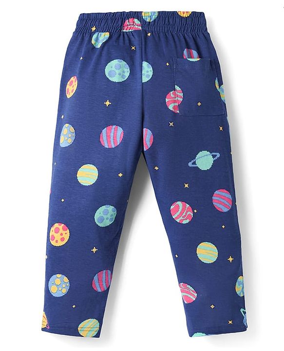 Pine Kids Single Jersey Knit Half Sleeves Front Open Collared Night Suit Space Theme Print -Navy