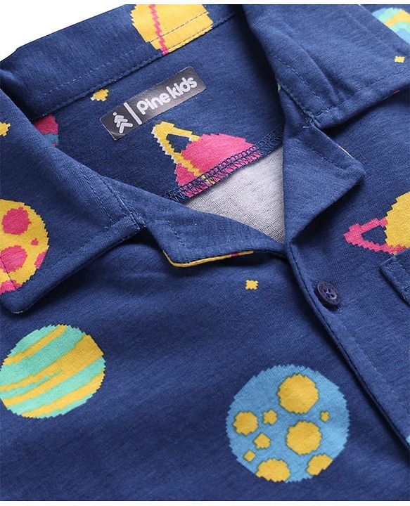 Pine Kids Single Jersey Knit Half Sleeves Front Open Collared Night Suit Space Theme Print -Navy