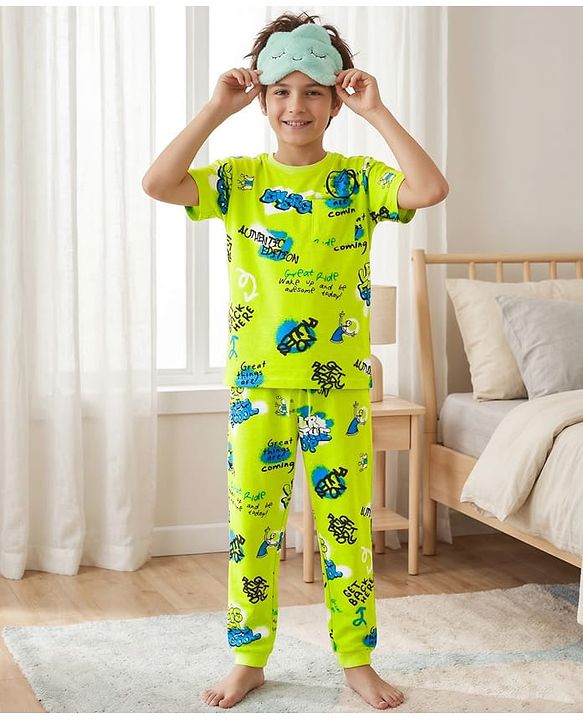 Pine Kids Single Jersey Knit Half Sleeves Night Suit Text Print -Neon Green