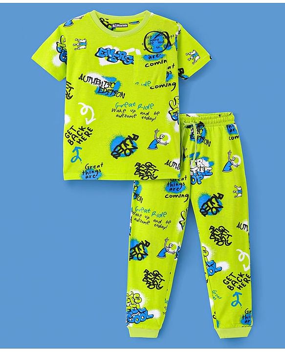 Pine Kids Single Jersey Knit Half Sleeves Night Suit Text Print -Neon Green