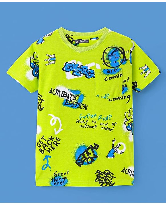 Pine Kids Single Jersey Knit Half Sleeves Night Suit Text Print -Neon Green