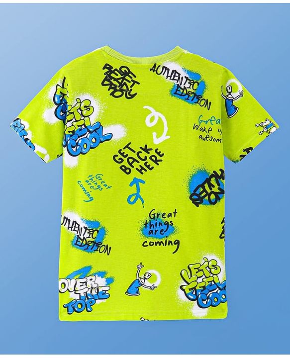Pine Kids Single Jersey Knit Half Sleeves Night Suit Text Print -Neon Green