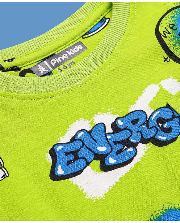 Pine Kids Single Jersey Knit Half Sleeves Night Suit Text Print -Neon Green