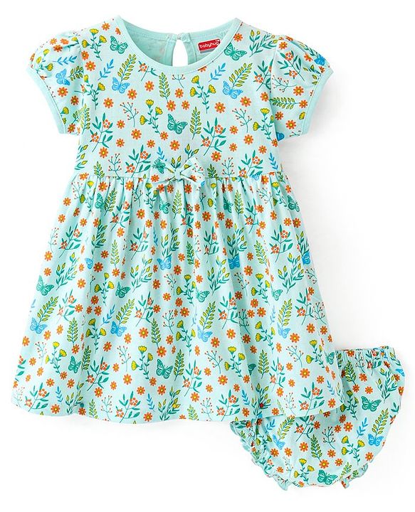 Babyhug Single Jersey Knit Half Sleeves Floral Printed Frock with Bloomer & Bow Applique - Turquoise