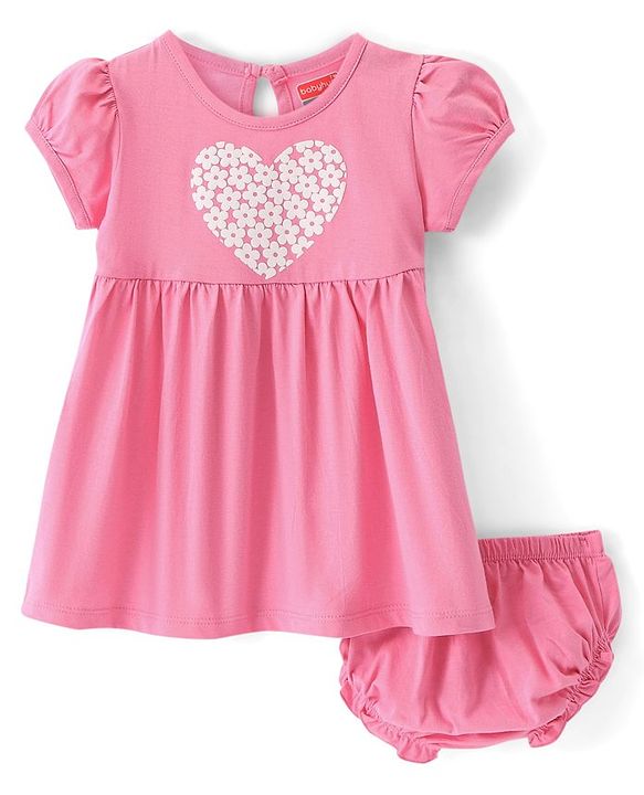 Babyhug Single Jersey Knit Half Sleeves Frock with Bloomer Heart Print - Pink